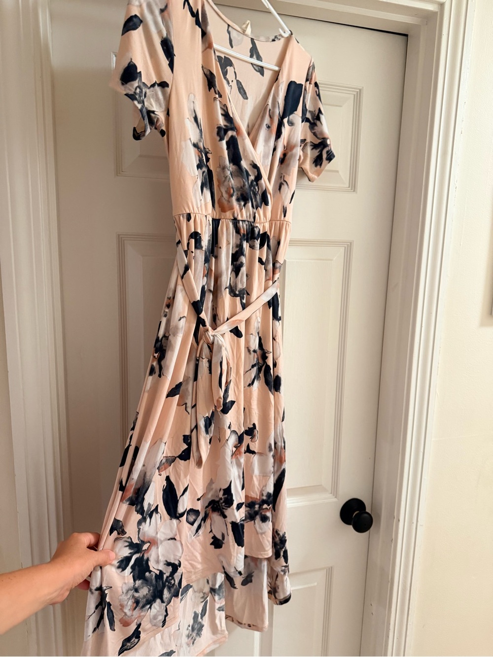 Pink Blush Maternity Dress - Light Pink Floral Wrap Dress with Navy Print